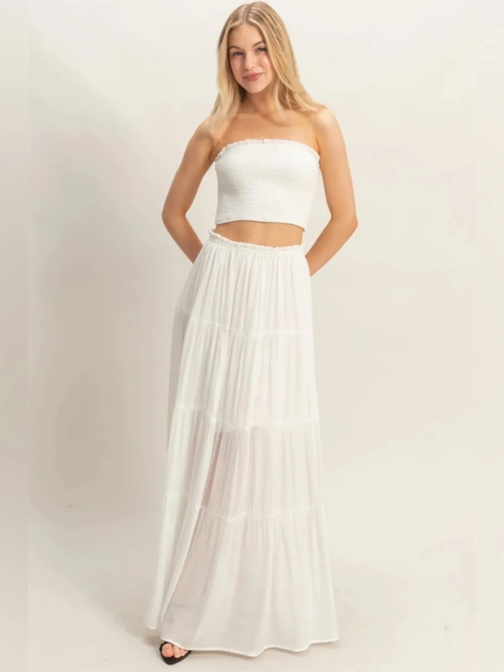 NEW HYFVE White Smocked Tube Top & Tiered Maxi Skirt Set Size Large - Picture 6 of 8